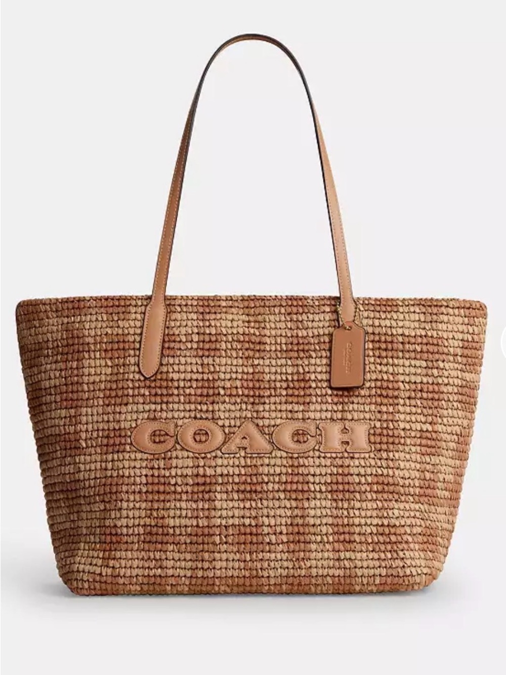 Coach Woven Straw City Tote in Tan & Camel with Leather Trim with Gingham Print